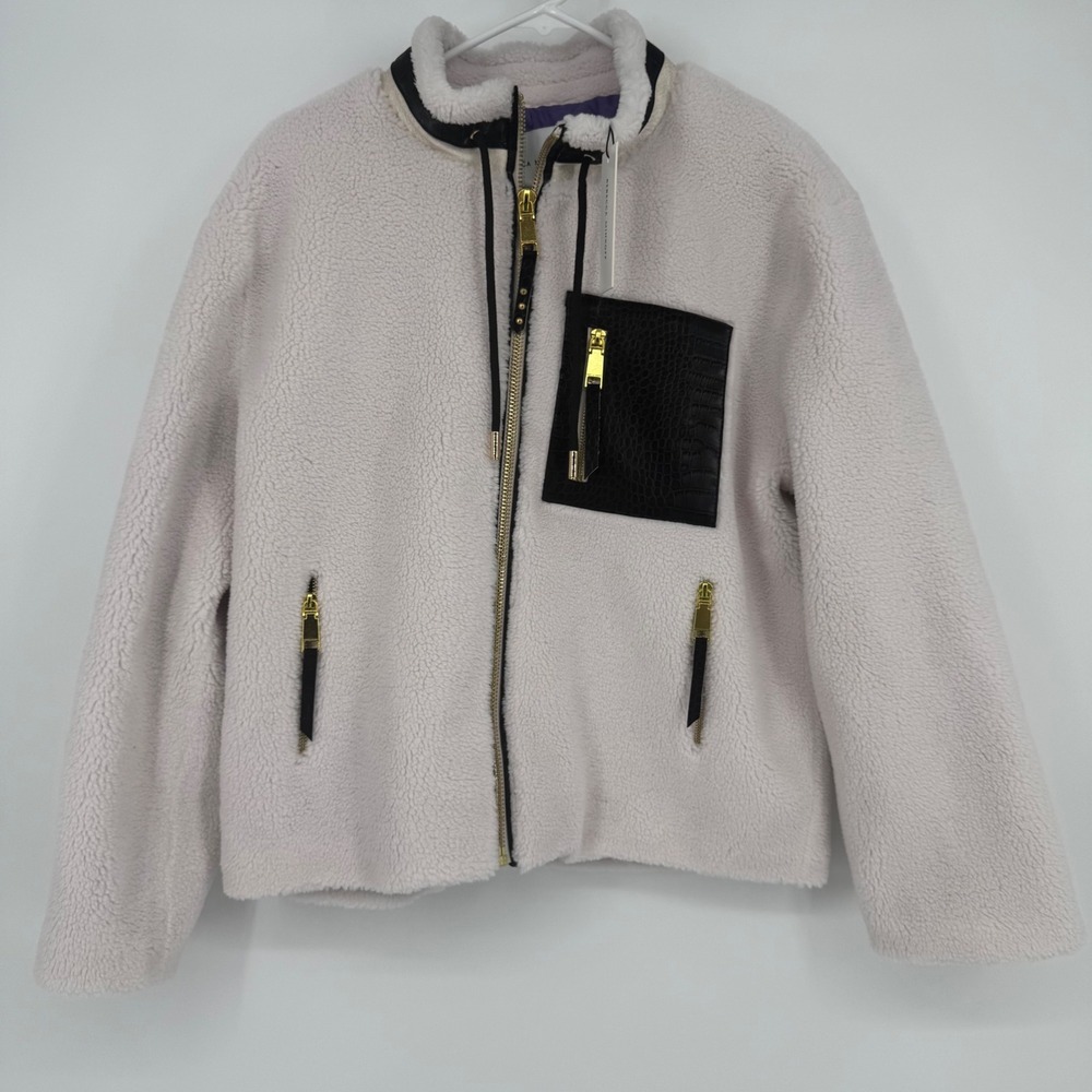 Rebecca Minkoff‎ RM-969 White Sherpa Bomber Jacket Faux Leather Trim Size M